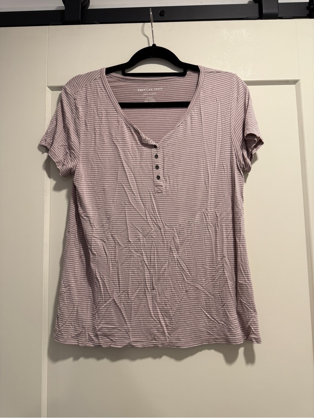 American Eagle Outfitters Lavender and White Striped Short-Sleeve Henley